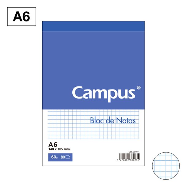 BLOC NOTAS MICROPERFORADO CAMPUS A6 60 GRAMOS 80 HOJAS CUADRÍCULA 4 MM