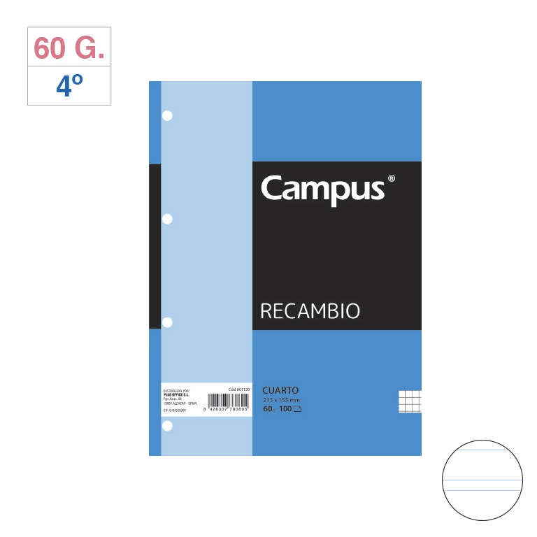 RECAMBIO CARPETA CAMPUS 4º 100 HOJAS 60 GRAMOS DOBLE PAUTA 2,5 MM.