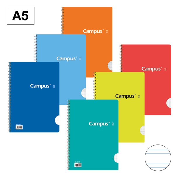 BLOC ESPIRAL CAMPUS A5 TAPA BÁSICA 80 HOJAS 60 GRAMOS DOBLE PAUTA 2,5 MM