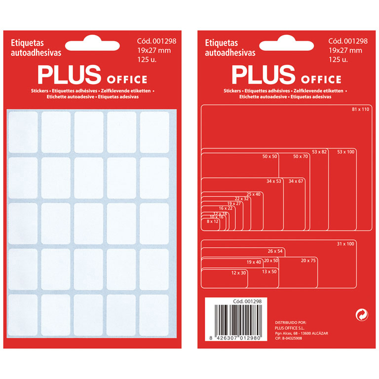 ETIQUETAS AUTOADHESIVAS PLUS OFFICE 19MMX27MM 125 ETIQUETAS POR SOBRE DE 5 HOJAS