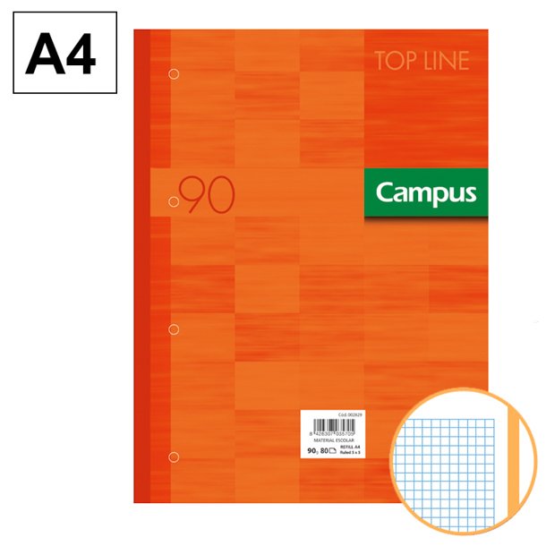 BLOC ENCOLADO DE RECAMBIOS CARPETA CAMPUS A4 4 TALADROS 80 HOJAS 90 GRAMOS BANDA DE SU COLOR NARANJA CUADRICULA 5 MM.