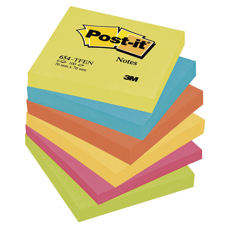 BLOC NOTAS ADHESIVAS QUITA Y PON POST-IT 76MMX76MM COLORES ENERGÍA 100 HOJAS
