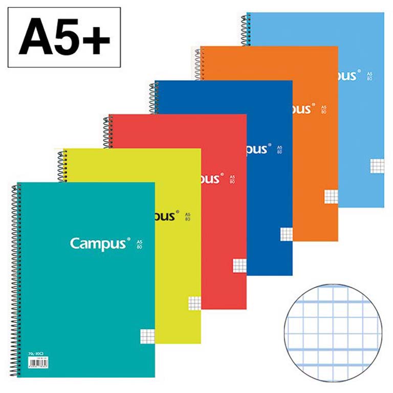 BLOC ESPIRAL TAPA DURA CAMPUS A5+ 80 HOJAS 70 GRAMOS CUADRICULA PAUTADA MELA 3 MM. 