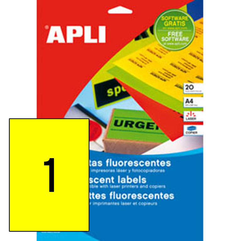 ETIQUETAS AUTOADHESIVAS APLI A4 210MMX297MM COLOR AMARILLO FLUORESCENTE 1 ETIQUETA X HOJA PAQUETE DE 20 HOJAS