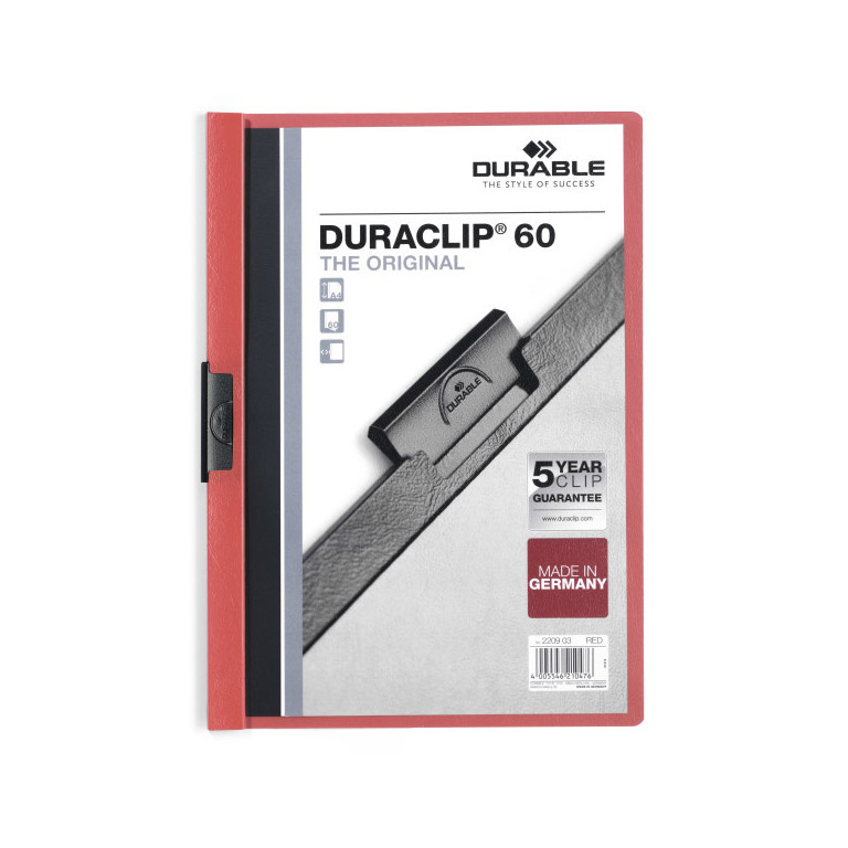 CARPETA DOSSIER PINZA METALICA DURABLE DURACLIP A4 220X310 MM CAPACIDAD 60HOJAS COLOR ROJO