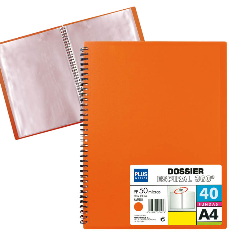 CARPETA PLUS OFFICE ESPIRAL POLIPROPILENO RIGIDO 40 FUNDAS TRANSPARENTES POLIPROPILENO A4 COLOR NARANJA