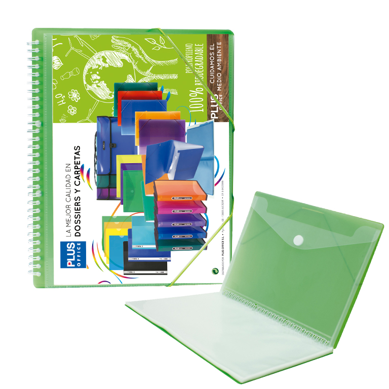 CARPETA PLUS OFFICE ESPIRAL TAPAS RIGIDAS PERSONALIZABLES 40 FUNDAS TRANSPARENTES POLIPROPILENO A4 CON GOMAS COLOR VERDE