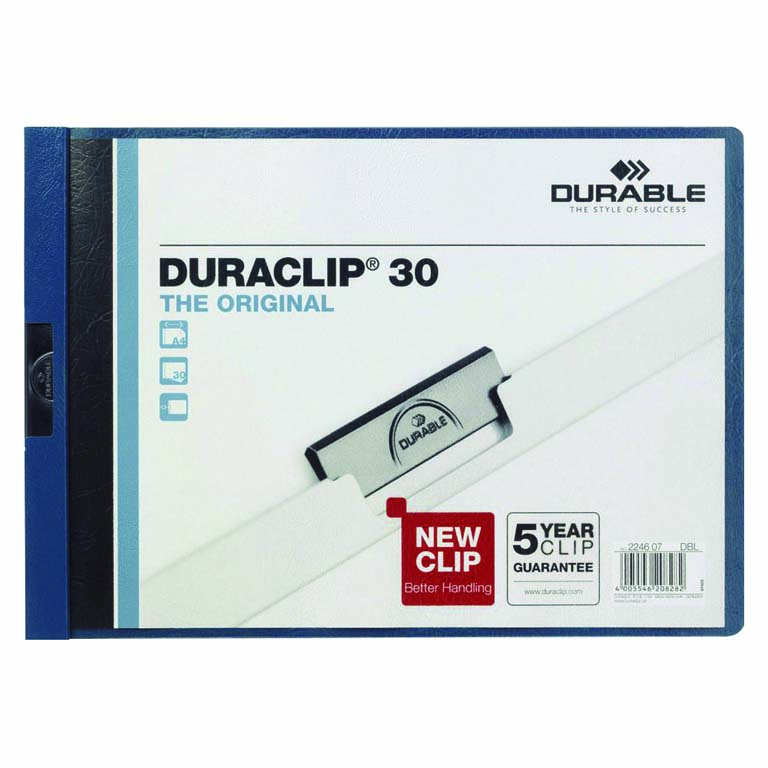 CARPETA DOSSIER PINZA METALICA DURABLE DURACLIP A4 APAISADO 310X220 MM CAPACIDAD 30HOJAS COLOR AZUL