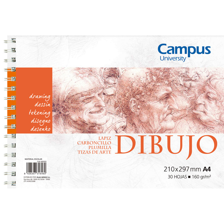 BLOC DE DIBUJO CAMPUS UNIVERSITY A4 297X210 MM ESPIRAL 30 HOJAS 160 GRAMOS LISO 