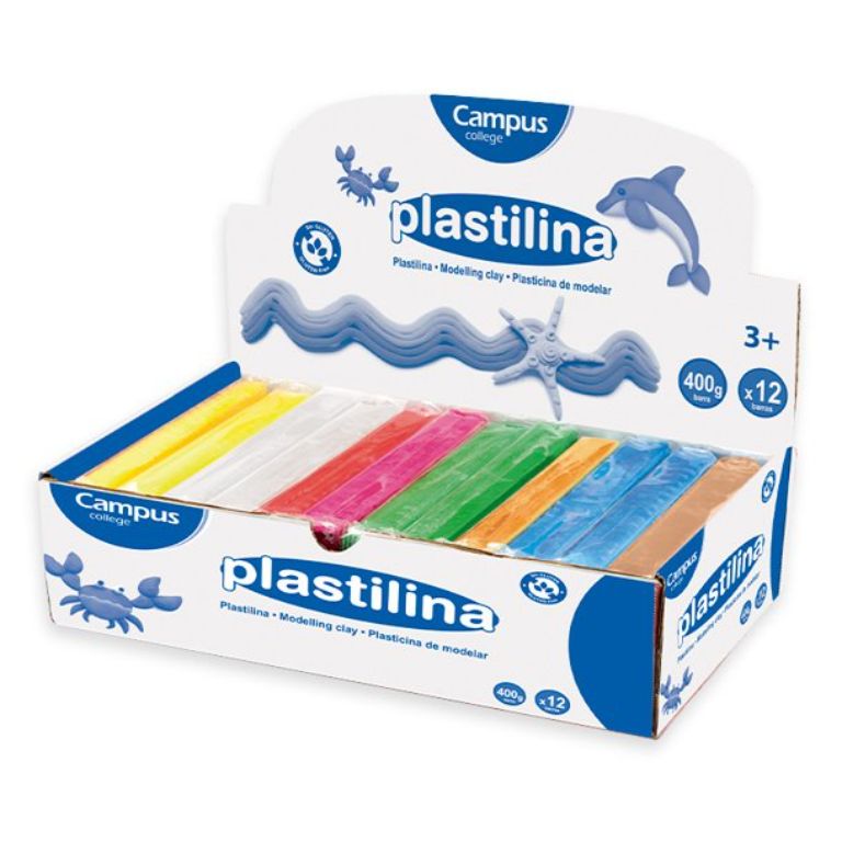 EXPOSITOR PLASTILINA CAMPUS COLLEGE 400G 12 UNIDADES. 8 COLORES SURTIDOS 