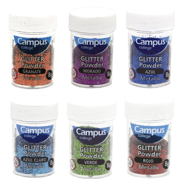 PURPURINA EN POLVO CAMPUS COLLEGE BOTE 8 GRAMOS 6 COLORES METÁLICOS 